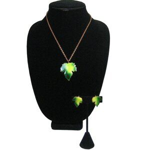 Necklace Earrings Screw Back Set 3 Grean 18 In VTG 40 Enamel Leaf CHAIN REPLACE
